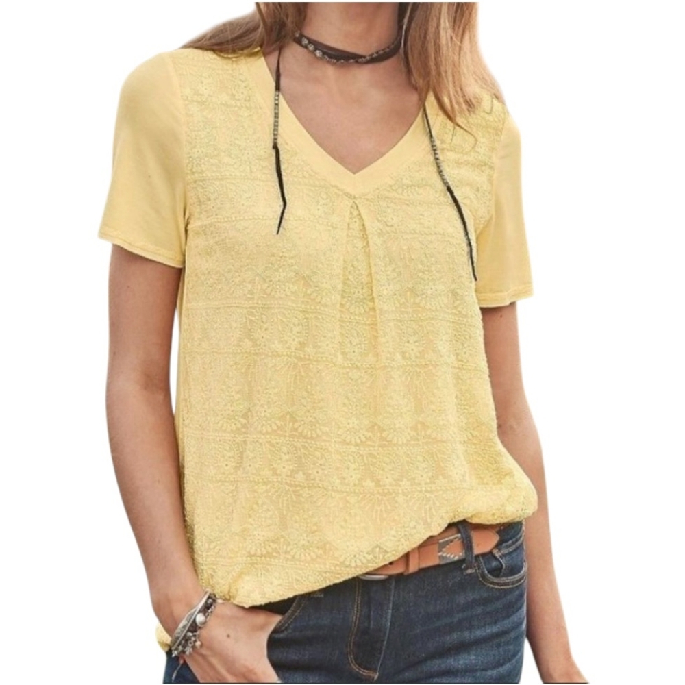SUNDANCE Embroidered Pleat V-Neck Tee Buttercup Silk Cotton Butter Yellow M 6 8
